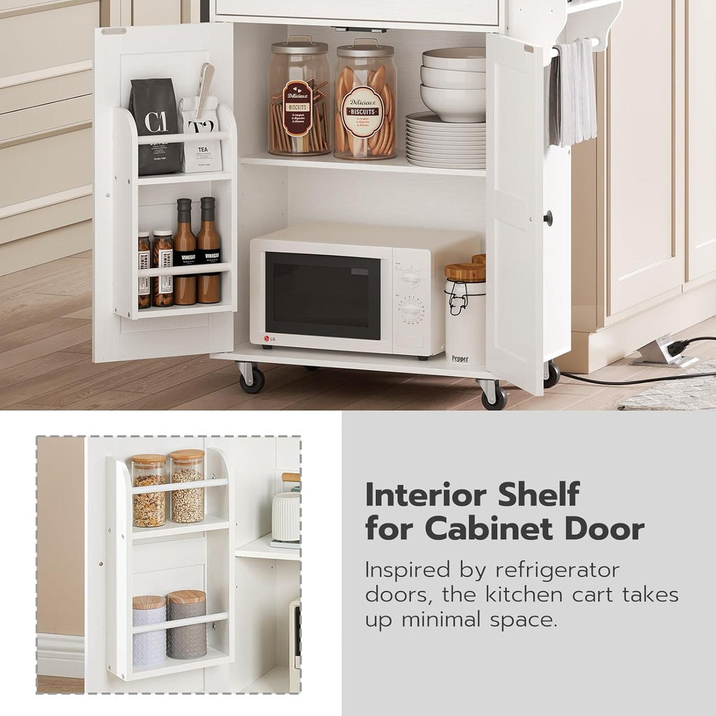 HOOBRO Kitchen Island with Power Outlet, Rolling Kitchen Island with Large Worktop, Kitchen Island Cart with Spice Rack and Drawer, Island Table for Dining Room, White and Natural WN88UZD01