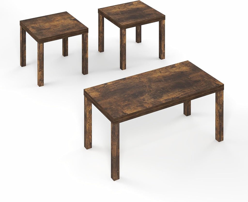 Furinno Classic Living Room Table Set of 3, Modern Rectangle Coffee Table with 2 Square Side Tables, End Tables, 1.8 Inch Thick Tabletop for Living Room, Home Office, Amber Pine