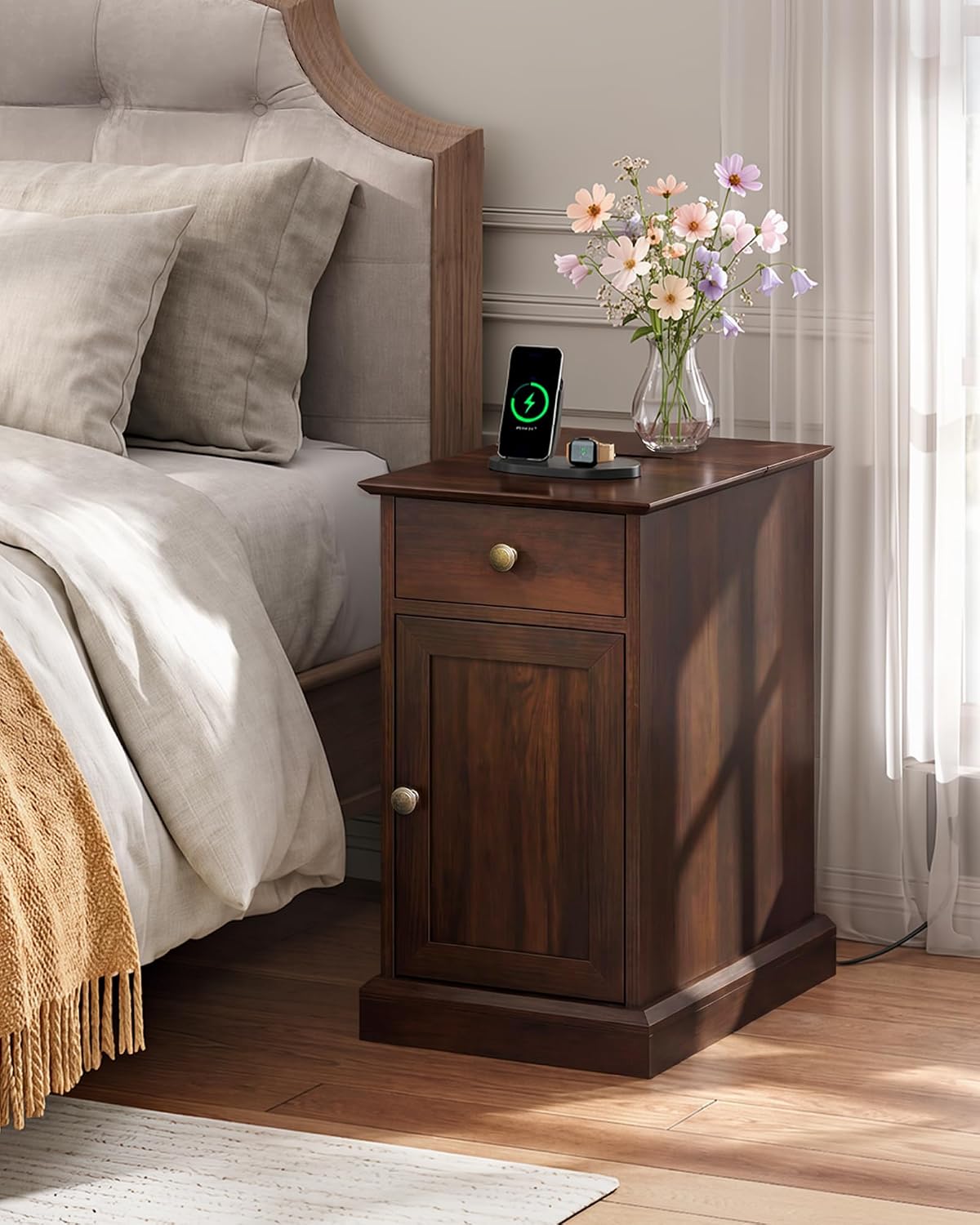 WLIVE End Table with Charging Station, Narrow Sied Table with Drawer & Cabinet, Side Table with Adjustable Shelf for Living Room/Bedroom, Wooden Nightstand with Hidden USB Ports and Outlets, Espresso