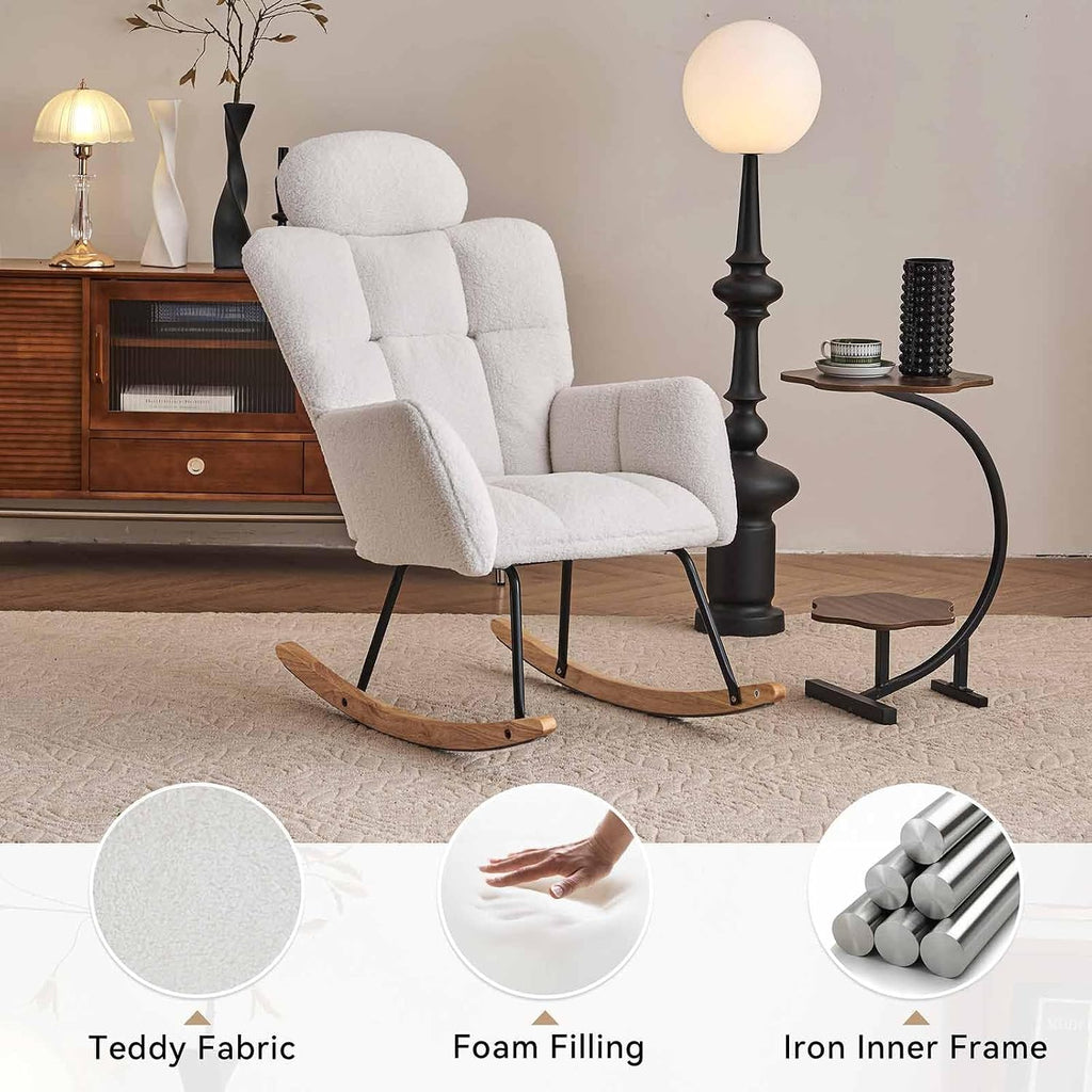 Nursery Rocking Chair - Teddy Fabric Upholstered Glider Rocking Chair with High Backrest & Pillow for Living Room & Bedroom - Easy Assembly Wood/Metal Base (Ivory)