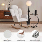 Nursery Rocking Chair - Teddy Fabric Upholstered Glider Rocking Chair with High Backrest & Pillow for Living Room & Bedroom - Easy Assembly Wood/Metal Base (Ivory)