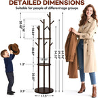 Freestanding Coat Rack, Solid Pine Wood Rotary Coat Tree with 3 Shelves and 9 Hanging Handles, Coat Hanger Stand for Bedroom, Entryway, Livingroom(Walnut Color)