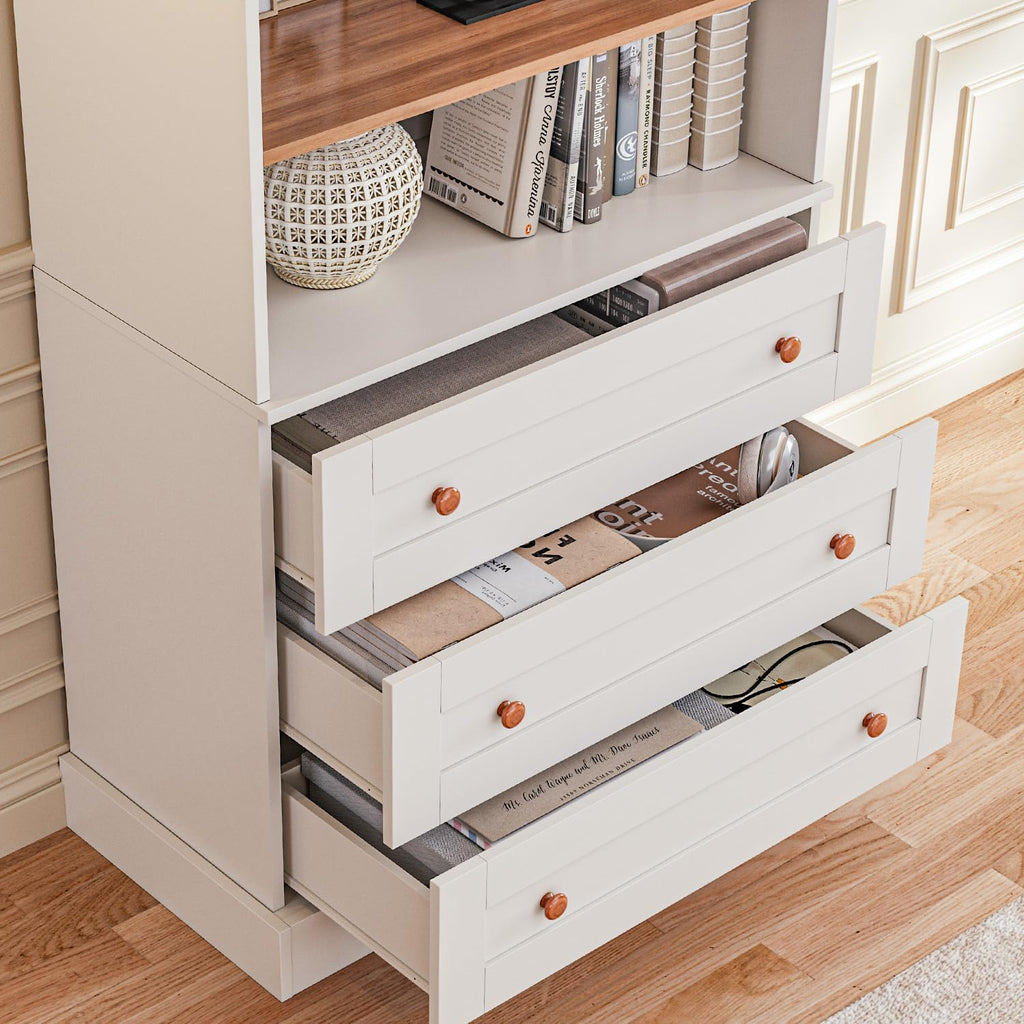 Vyre 71" Tall Farmhouse Bookshelves with Glass Doors and Drawers,Large Modular Bookcase with Adjustable Shelves, Storage Cabinet for Living Room, Kitchen, Set of 4, White