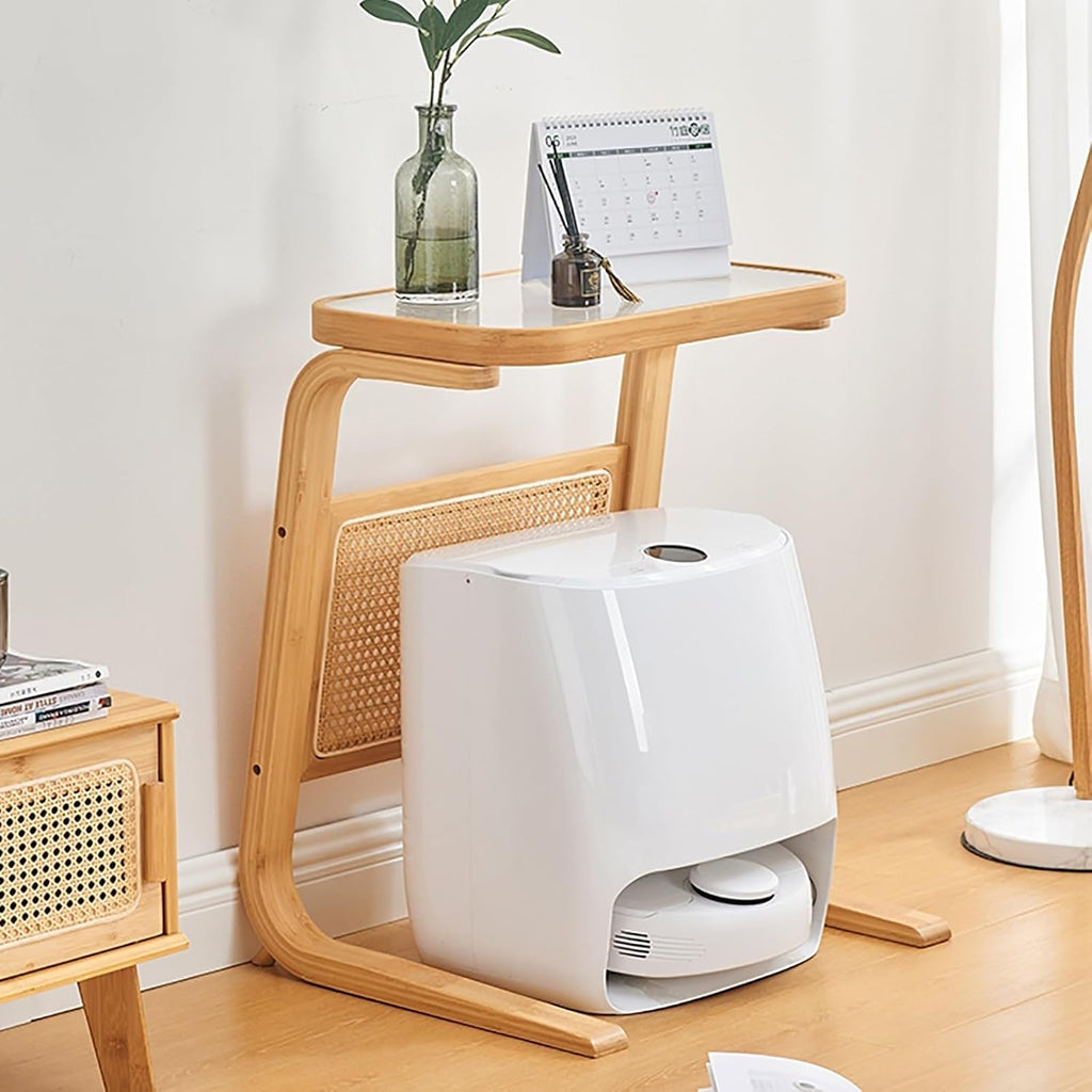 Side Table with Glass Top Over The Robot Storage Shelf C-Shaped End Table Sweeping Robot Storage Rack for Home Lightweight