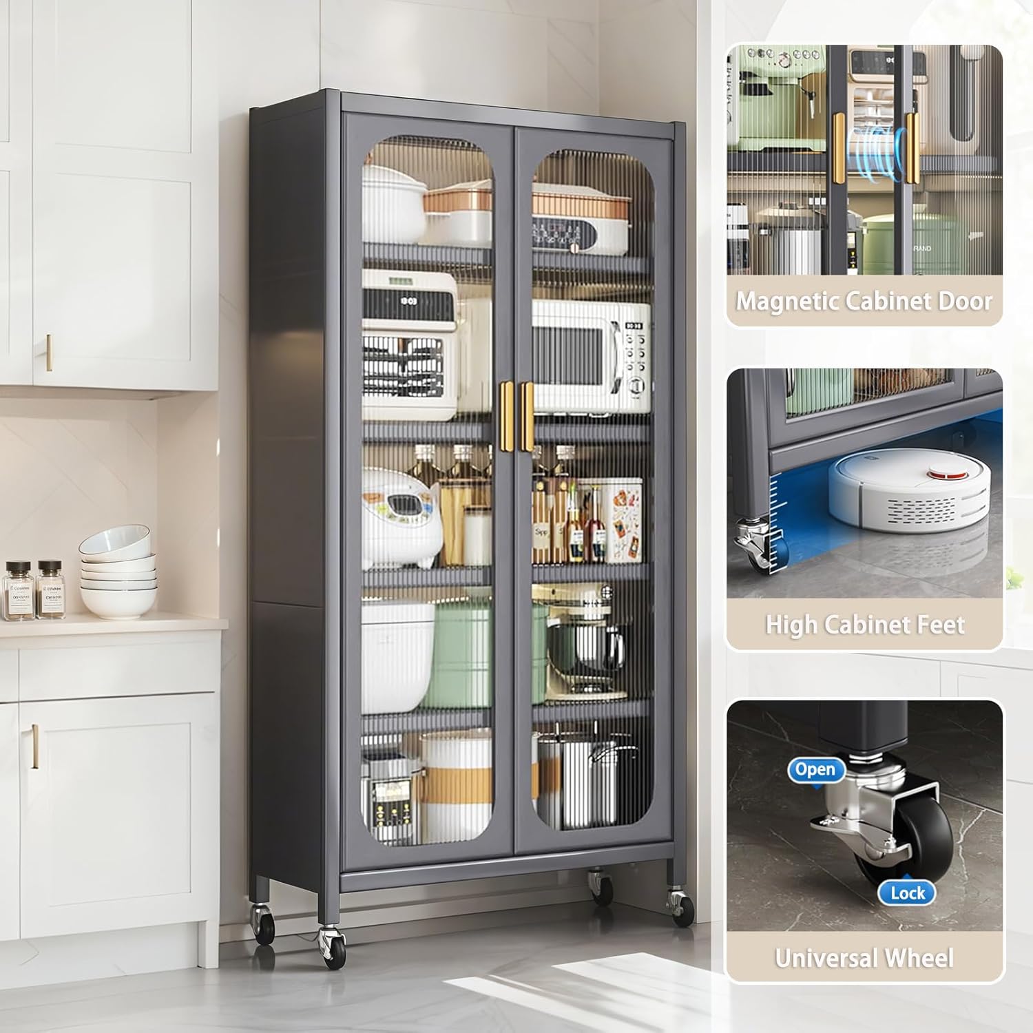 Ywin 65" Tall Kitchen Pantry Cabinet, Metal 6-Tier Storage Cabinet with Acrylic Glass Doors, Adjustable Shelves & Wheels, Utility Storage Cabinet for Living Room,Dining Room