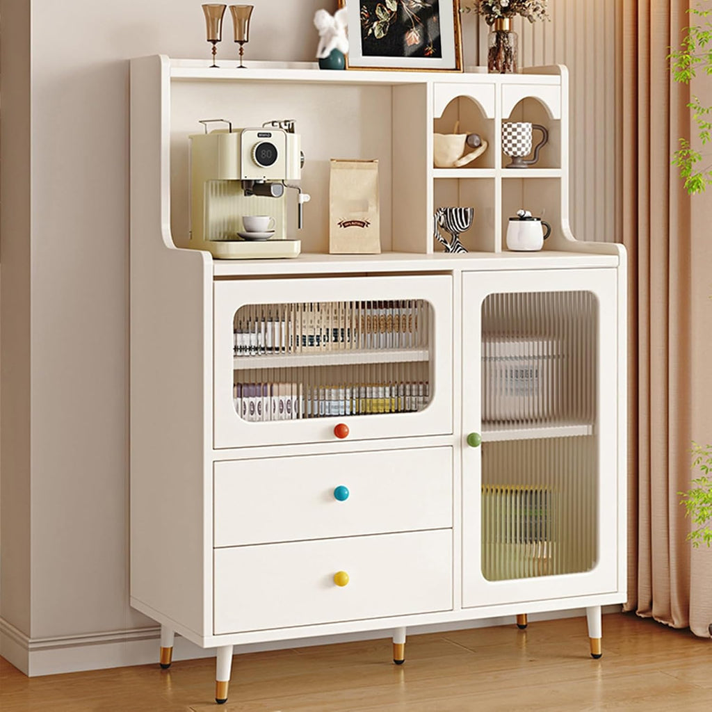 Tall Kitchen Storage Hutch Cabinet, Pantry Cabinet with Storage Drawers, Coffee Bar Workstation, Freestanding Kitchen Cupboard, for Dining Room, Living Room(White,135x100cm/53.1x39.4in)