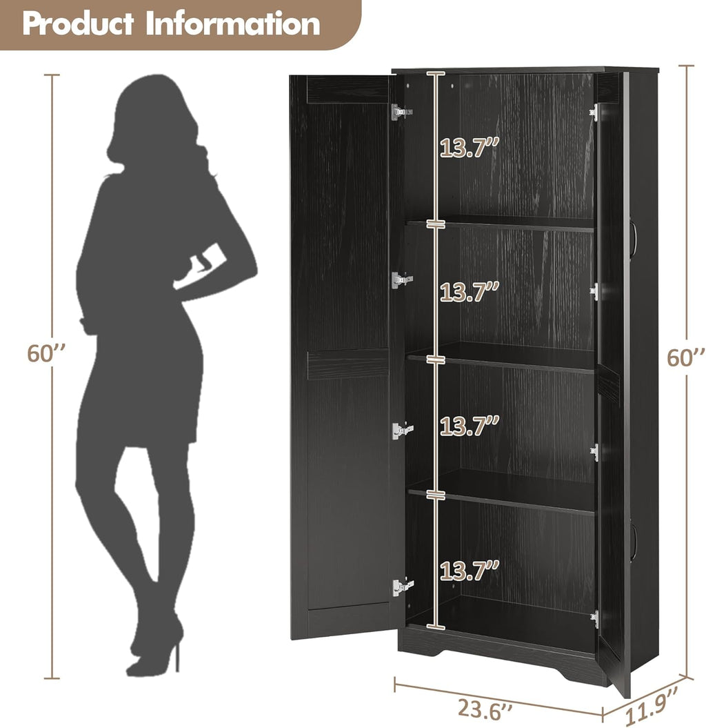 60" Kitchen Pantry Cabinet, Food Storage Cabinet with Adjustable Shelves and Doors, White Freestanding Cupboard Wood Pantry Organizers for Kitchen, Dining Room, Bathroom, Black
