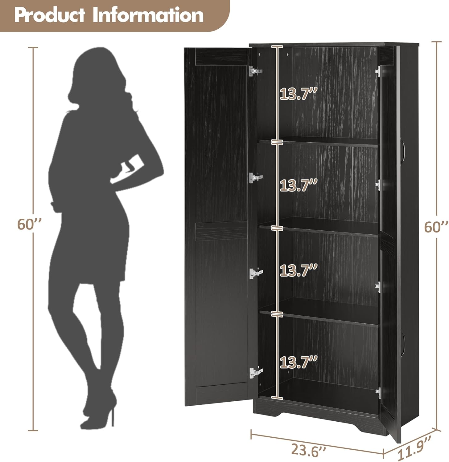 60" Kitchen Pantry Cabinet, Food Storage Cabinet with Adjustable Shelves and Doors, White Freestanding Cupboard Wood Pantry Organizers for Kitchen, Dining Room, Bathroom, Black