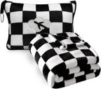 Travel Blanket and Pillow Compact, Premium Soft 2 in 1 Airplane Blanket with Soft Bag Pillowcase，Hand Luggage Sleeve and Backpack Clip (Checkered Black)
