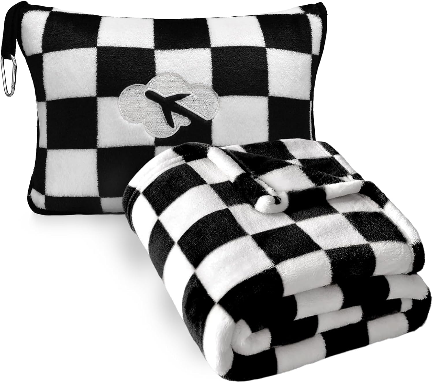 Travel Blanket and Pillow Compact, Premium Soft 2 in 1 Airplane Blanket with Soft Bag Pillowcase，Hand Luggage Sleeve and Backpack Clip (Checkered Black)