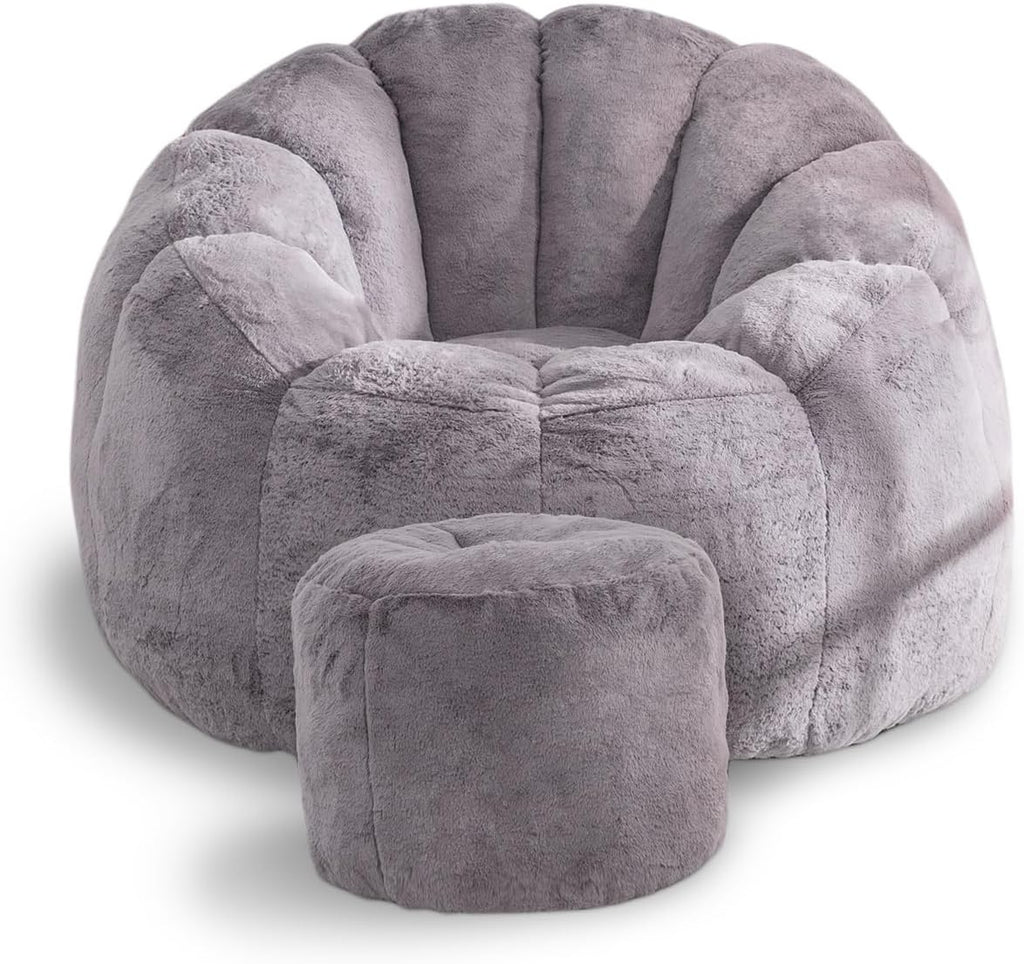 Bean Bag Chair, Bean Bag Chair with Ottoman, Stuffed Bean Bag Chairs with Filler, Big Beanbag Chairs with Filling for Living Room (Faux Fur in Gray, 40.6" D×41.4" W×27.6" H)