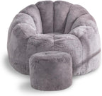 Bean Bag Chair, Bean Bag Chair with Ottoman, Stuffed Bean Bag Chairs with Filler, Big Beanbag Chairs with Filling for Living Room (Faux Fur in Gray, 40.6" D×41.4" W×27.6" H)