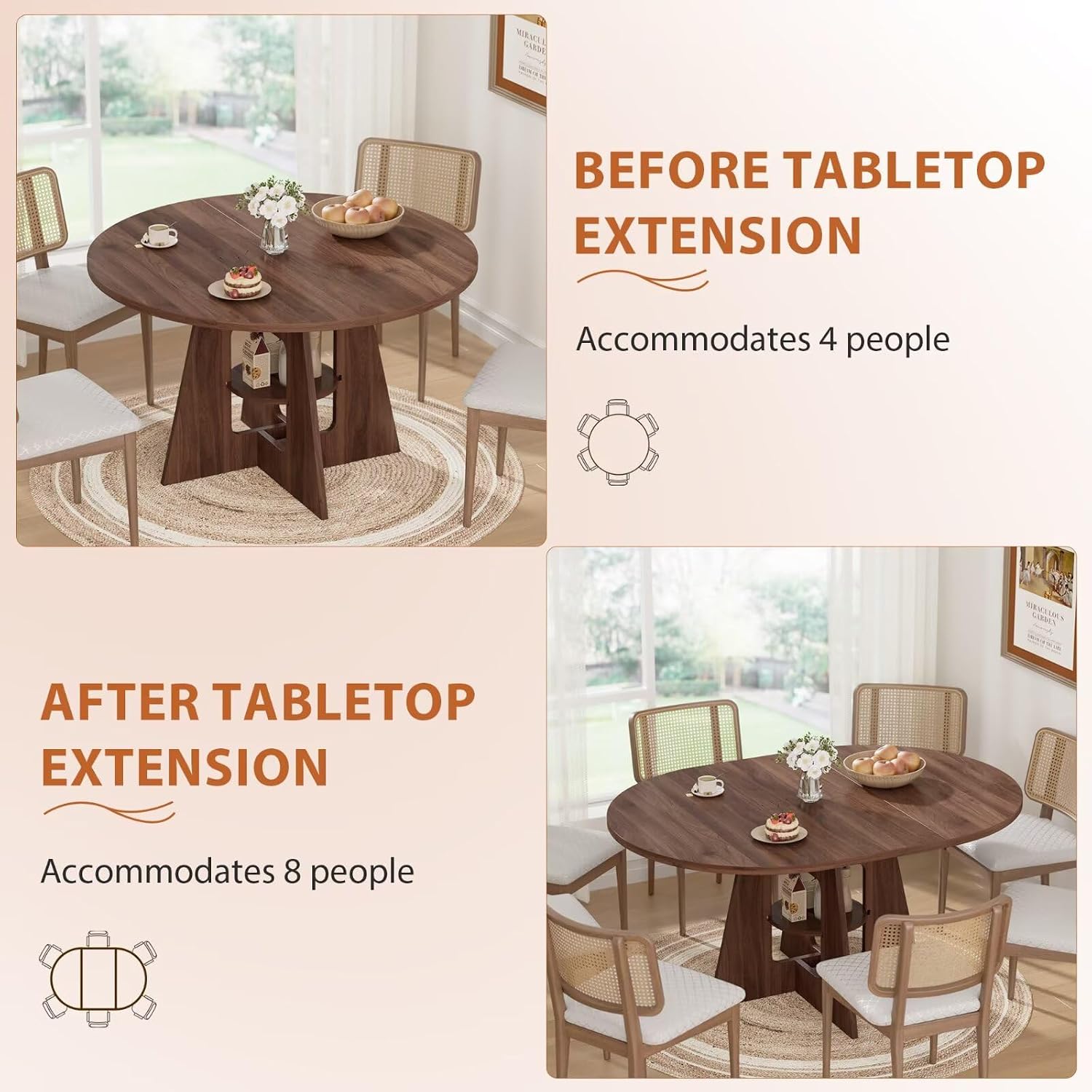 Extendable Round Dining Table for 4-8, 43.3in-59in Modern Kitchen Dining Table with Storage Shelf, Oval Dinner Table, Dining Room for Dining Living Room, Easy Assembly