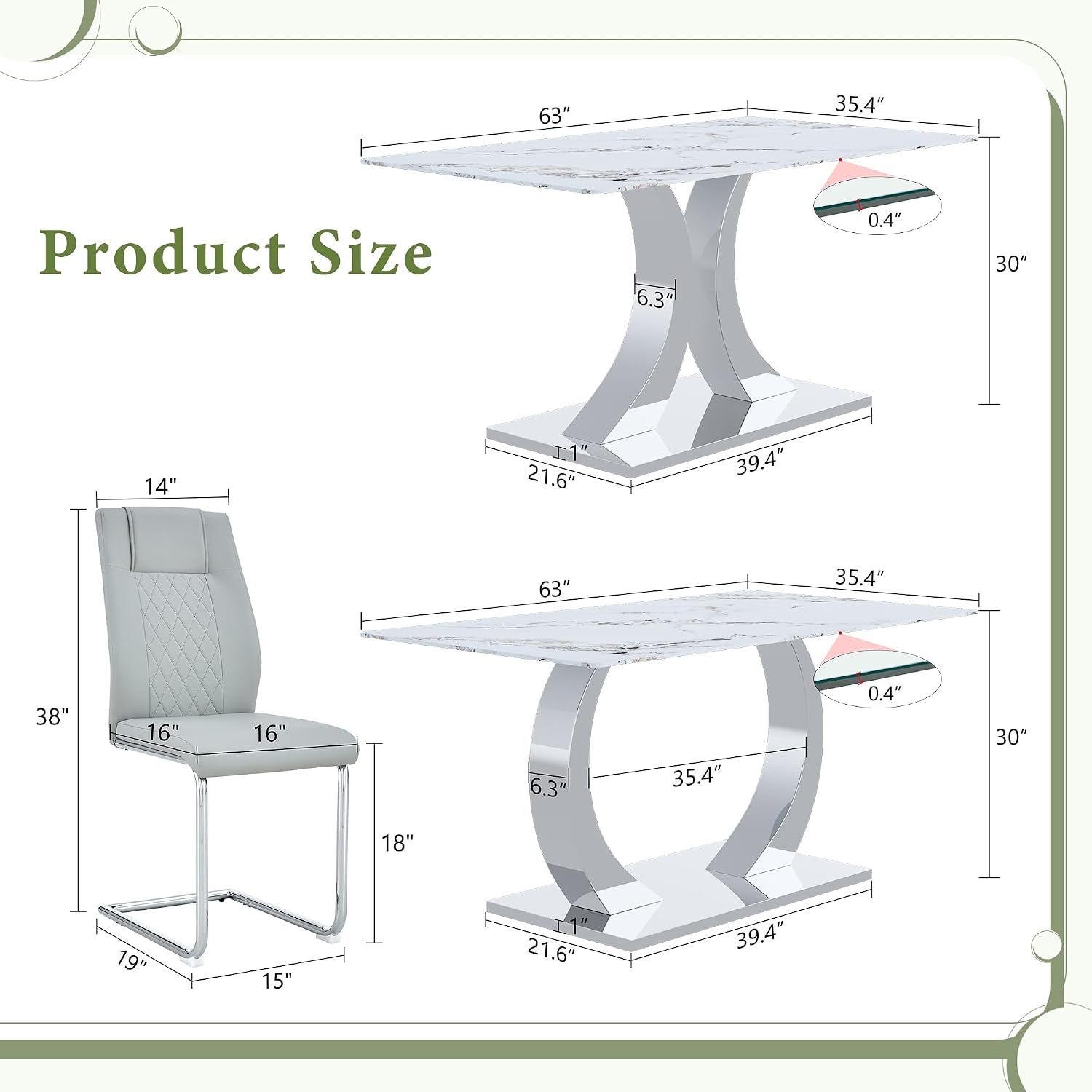 Modern Dining Table Set for 6,63'' Dining Room Table Set for 6 with Chairs,Rectangular Kitchen Table with Faux Marble Tabletop and DIY Chrome Legs,Glass Dining Table Set Ideal for Dining Room