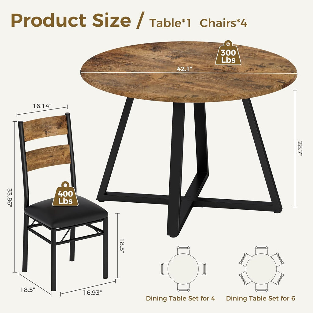 Garvee Round Dining Table Set for 4, 5 Piece Circle Wooden Kitchen Dinner Table & Chairs Set for 4, w/ 4 Unpholster Chairs, Sturdy Thick Frame, for Kitchen, Apartment, Small Space, Retro Brown