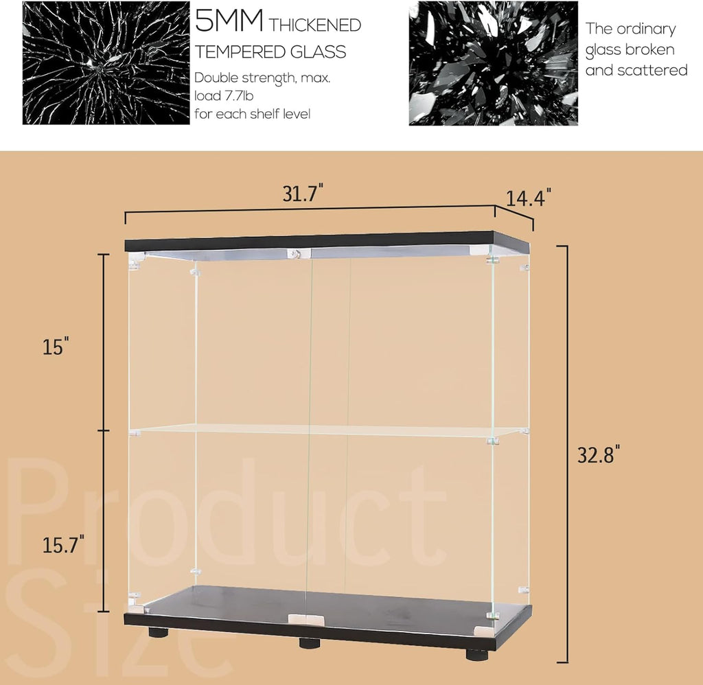 GDJAASJI Glass Display Cabinet with Lock, Fast Installation Curio Cabinets with 5mm Tempered Glass Floor Standing Bookshelf for Living Room (35.35" D x 31.69" W x 14.37" H, White)