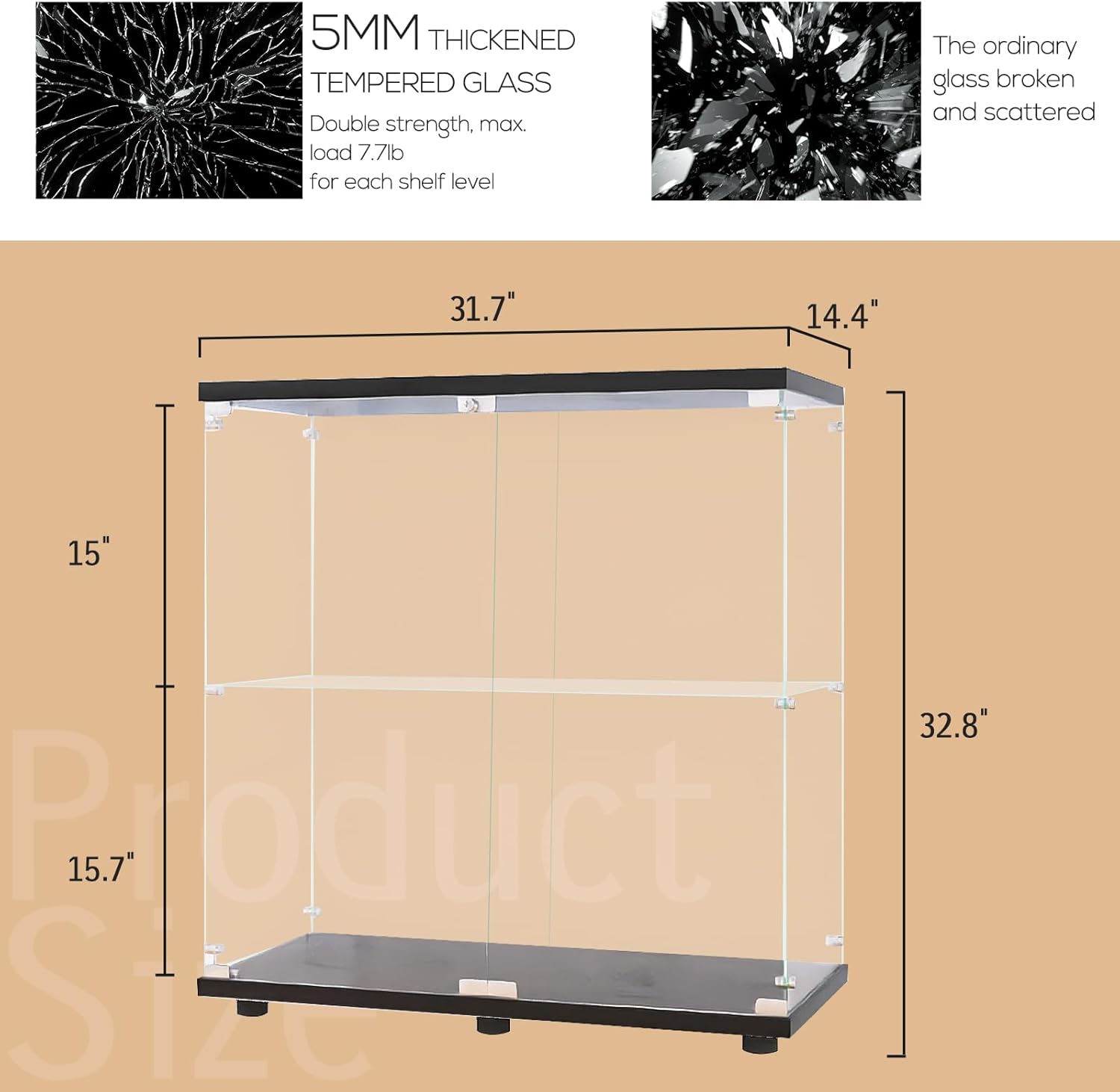GDJAASJI Glass Display Cabinet with Lock, Fast Installation Curio Cabinets with 5mm Tempered Glass Floor Standing Bookshelf for Living Room (35.35" D x 31.69" W x 14.37" H, White)