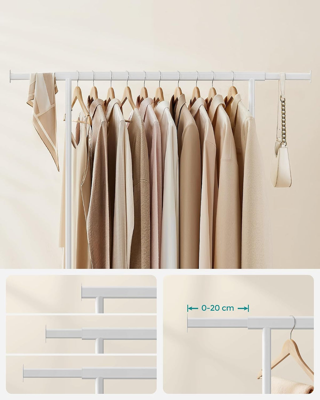 SONGMICS Clothes Rack with Wheels, Extendable Heavy Load Rod, Coat Rack, Clothes Storage, 90 kg Load Capacity, Easy Assembly, Portable, Classic White HSR013W01