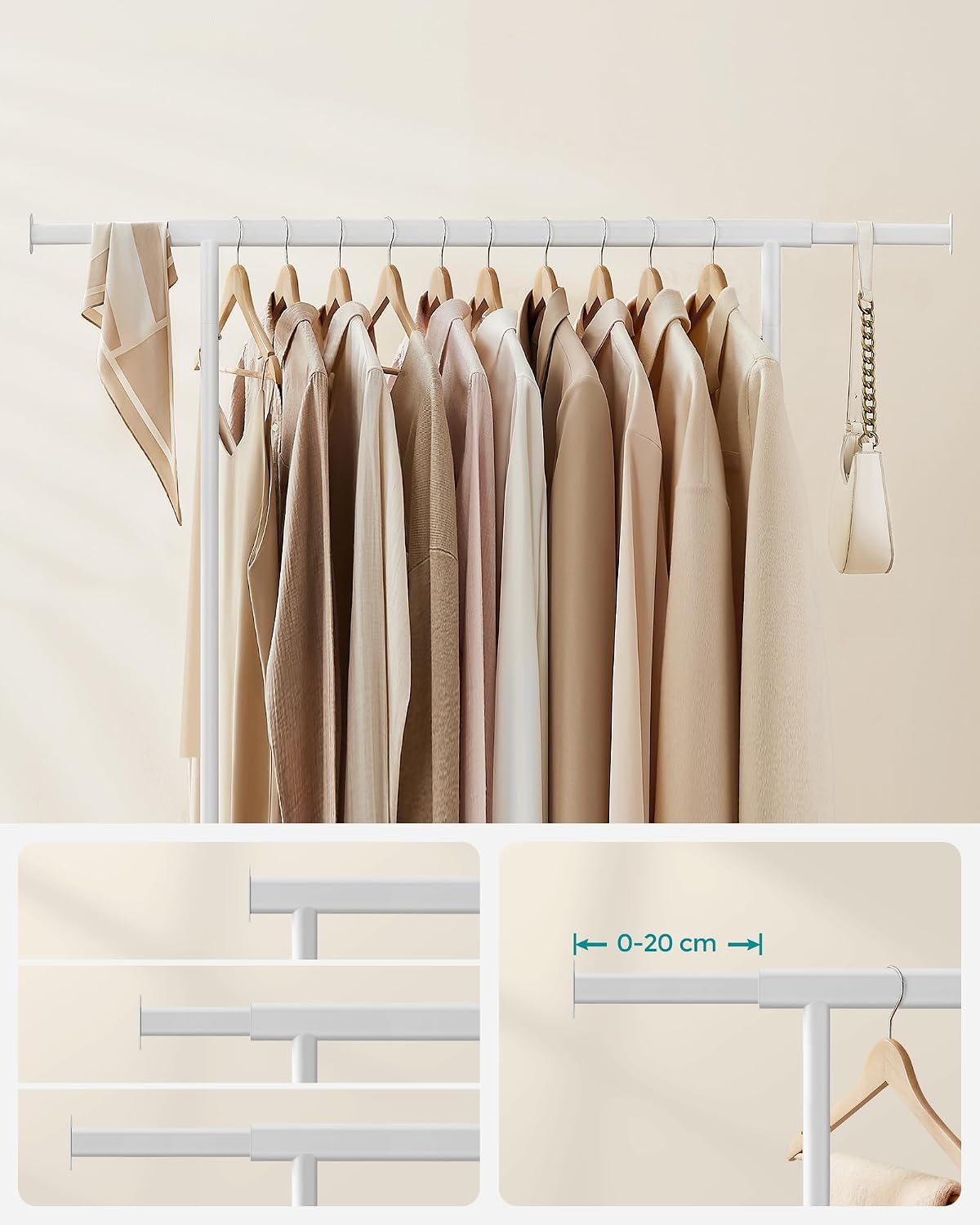 SONGMICS Clothes Rack with Wheels, Extendable Heavy Load Rod, Coat Rack, Clothes Storage, 90 kg Load Capacity, Easy Assembly, Portable, Classic White HSR013W01