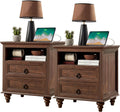 Farmhouse Nightstand with Charging Station, 22" Large End Table with 2 Drawers & Open Shelf, Rustic Wood Square Sofa Side Bedside Table w/4 Solid Wood Feet for Living Room, Bedroom,2 Pack,Walnut