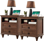 Farmhouse Nightstand with Charging Station, 22" Large End Table with 2 Drawers & Open Shelf, Rustic Wood Square Sofa Side Bedside Table w/4 Solid Wood Feet for Living Room, Bedroom,2 Pack,Walnut