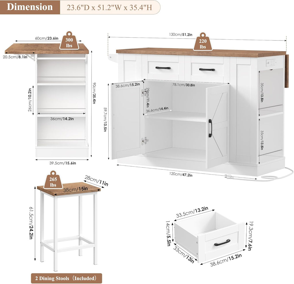 Keyluv Kitchen Storage Island with 2 Stools, 51.2” Mobile Kitchen Cart with Drop Leaf & Power Outlet, Rolling Island Table Dining Room Buffet with 2 Drawers & Side Storage Rack &Towel Rack, White