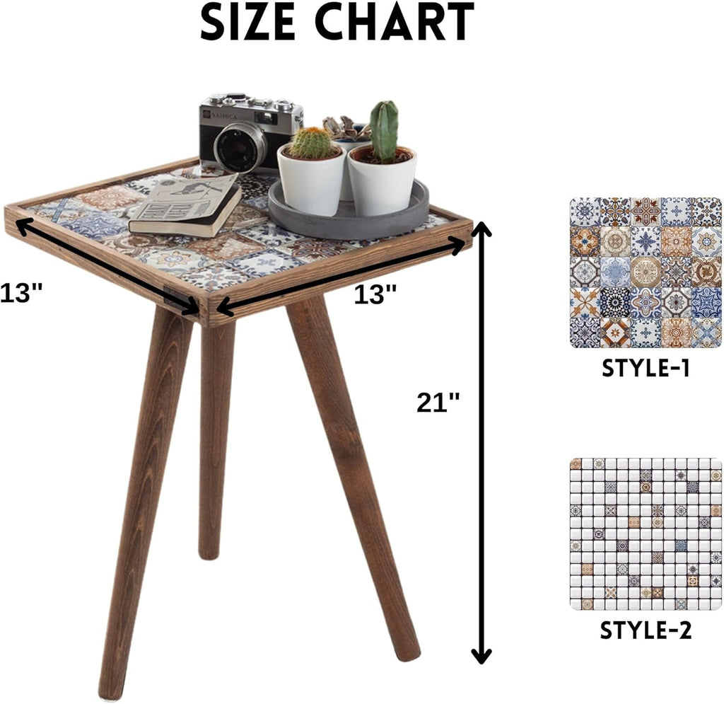 Mexican Tile Mosaic Side Table, Walnut Color Square Ceramic Accent Table with Tapered Legs, Handmade Living Room End Table (Style-1)