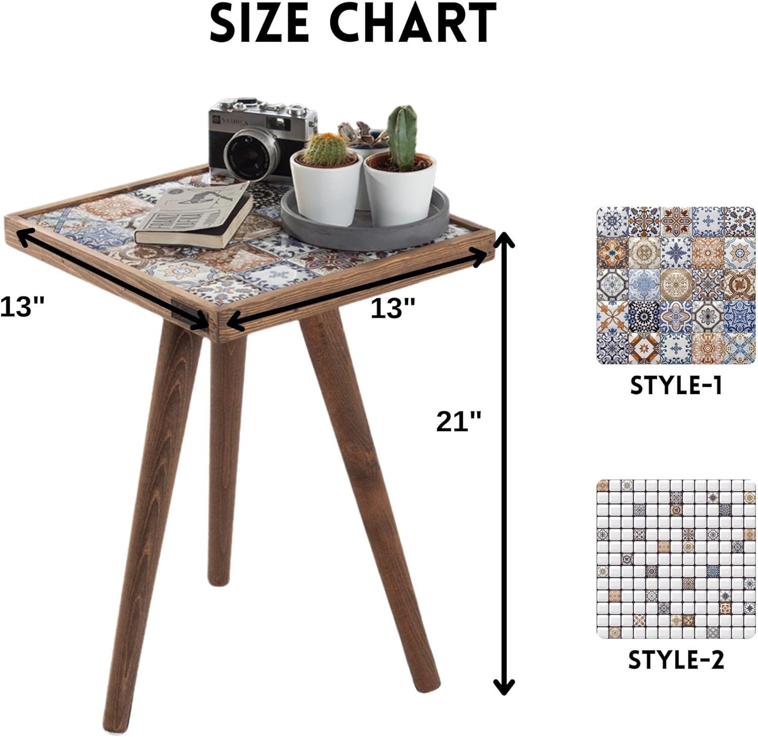 Mexican Tile Mosaic Side Table, Walnut Color Square Ceramic Accent Table with Tapered Legs, Handmade Living Room End Table (Style-1)