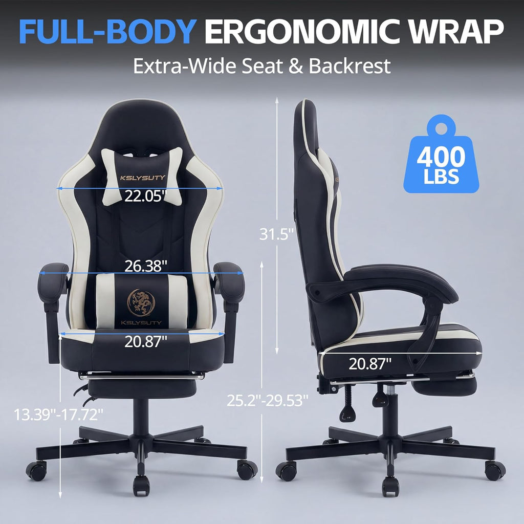 Desk Computer Gaming Chair - High Back Ergonomic Office Chair with Footrest and Lumbar Support, Swivel Comfy Home Gamer Video Game Chairs with Pocket Spring Cushion for Adults (White Leather)