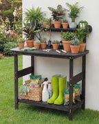Potting Bench Table with 3-Tier Storage, HIPS Outdoor Gardening Table with 4 Self-Tapping Screws, Heavy Duty All-Weather Planting Bench with Curved Edges for Patio, Backyard, Garden(Black)