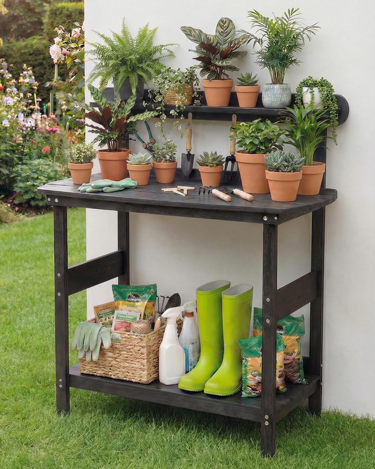 Potting Bench Table with 3-Tier Storage, HIPS Outdoor Gardening Table with 4 Self-Tapping Screws, Heavy Duty All-Weather Planting Bench with Curved Edges for Patio, Backyard, Garden(Black)