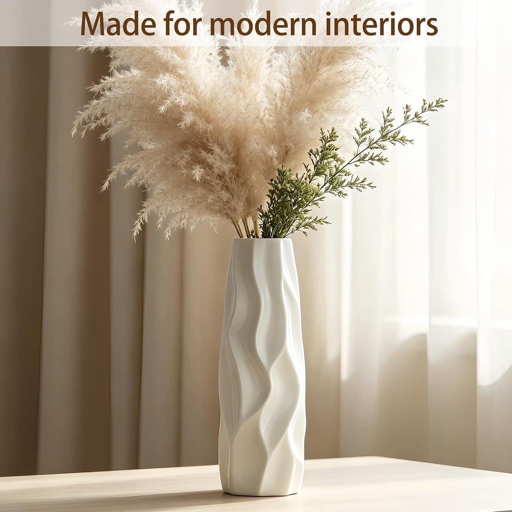 12 Inch White Vase Ceramic Flower Vase, Tall Vases for Pampas Grass, Home Decor, Modern Textured Vases for Living Room Decorations,Table Centerpieces,Shelf,Farmhouse Small Ceramic Vase