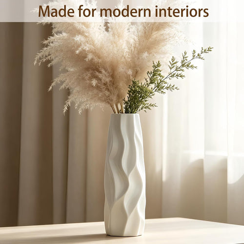 12 Inch White Vase Ceramic Flower Vase, Tall Vases for Pampas Grass, Home Decor, Modern Textured Vases for Living Room Decorations,Table Centerpieces,Shelf,Farmhouse Small Ceramic Vase
