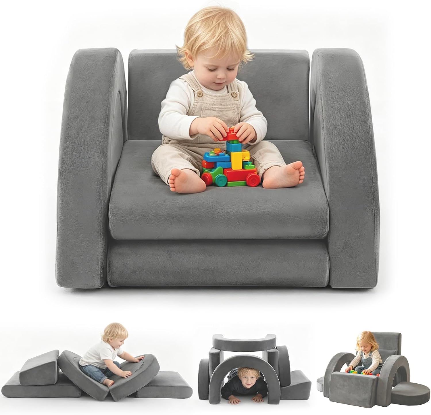 PY HOME & SPORTS Kids Modular Sofa Play Set, 7-Piece Creative Foam Couch for Children, Soft Coral Fleece, Multiple Configurations, Improves Hands-On Skills & Imagination, Compressed Packaging
