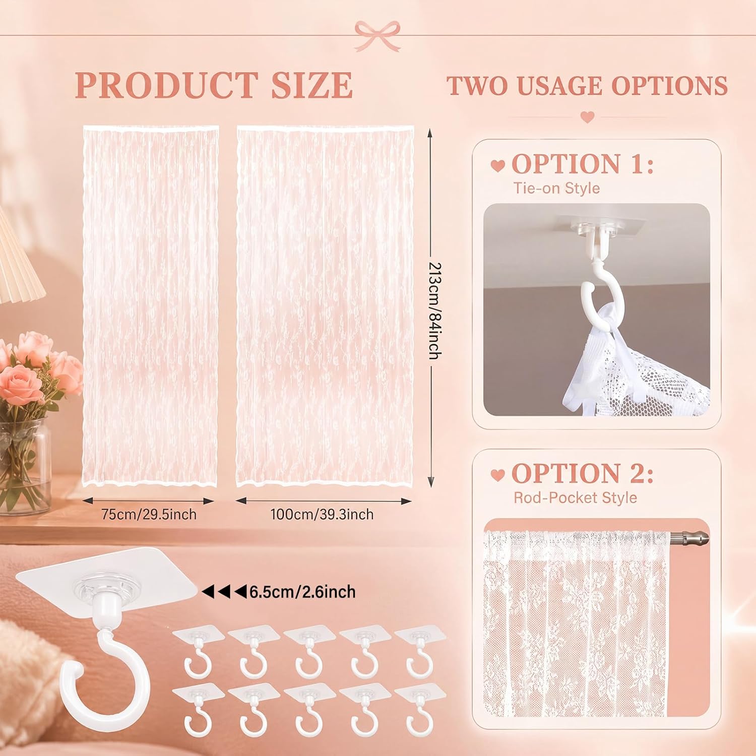 8 Panels Lace Bed Canopy Curtains with 10 Ceiling Hooks 40 x 84 and 30 x 84 Inch Curtains for Queen Size Bed Dorm Bedroom No Drill Romantic White Lace Canopy Tie Top DIY Setup
