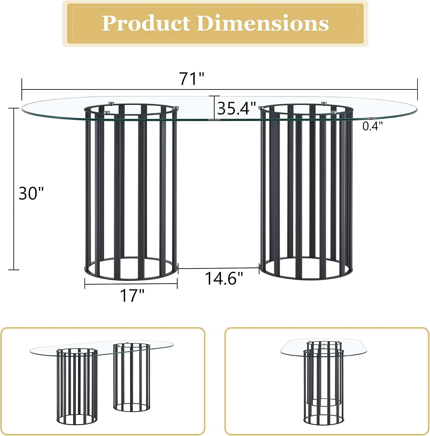 Oval Tempered Glass Dining Table for 4-8 People, 71'' Tall Kitchen Tables for Small Spaces, Modern Dinning Room Furniture, Metal Pillar Base, for Living Room, Kitchen, Dining Room, Black