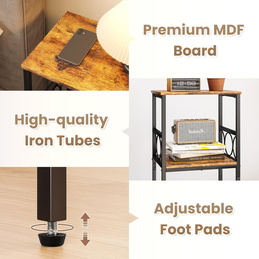 Side Table 3-Tier End Table with Adjustable Shelf Modern Tall Nightstand Small Narrow Accent Table Stand for Living Room Bedroom, Office, Rustic Brown and Black.