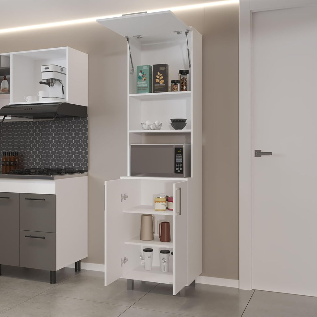 Kitchen Pantry with 2 Pneumatic Door, Open Storage, and Bottom Cabinet, White.