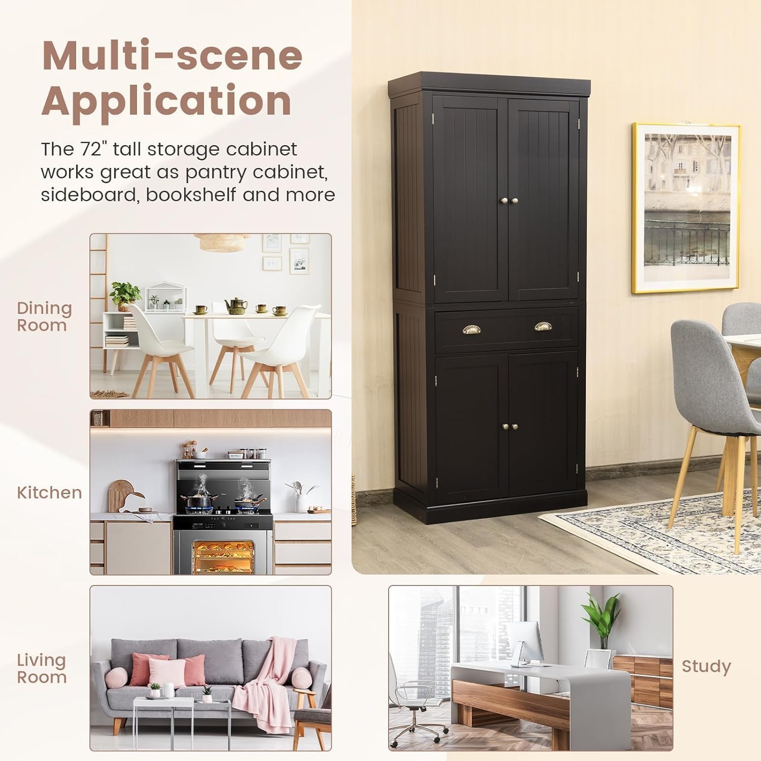 DORTALA 72” Tall Kitchen Pantry Cabinet, Wood Storage Cupboard w/ 4 Adjustable Shelves, 2 Cabinets & Drawer, Utility Freestanding Storage Cabinet for Kitchen, Hallway, Living Room, Brown