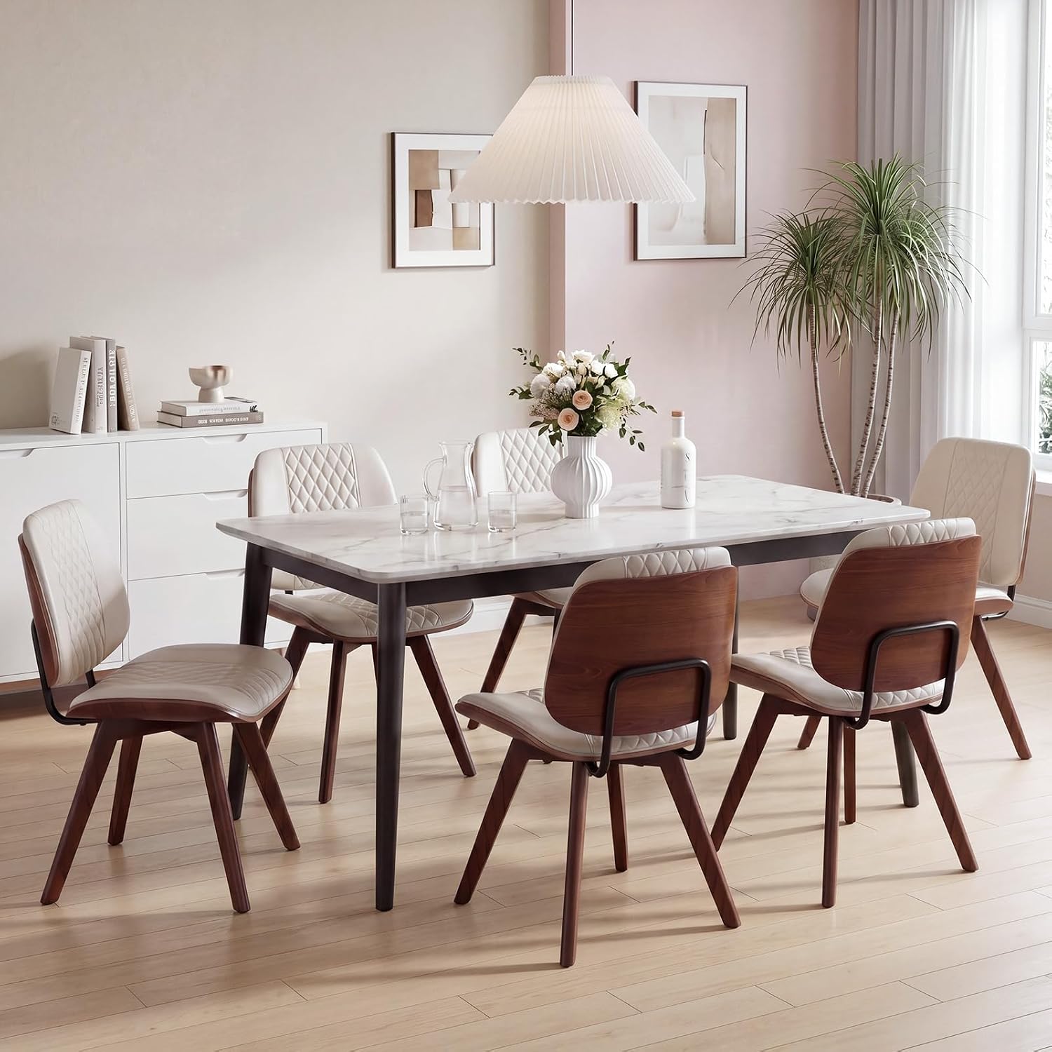 BV Dining Chairs Set of 2, PU Leather Armless Kitchen Chair in Modern Walnut Style, Mid Century Bentwood Side Chair with Wood Legs, Retro Accent Guest Chair for Kitchen Dining Room(Beige)