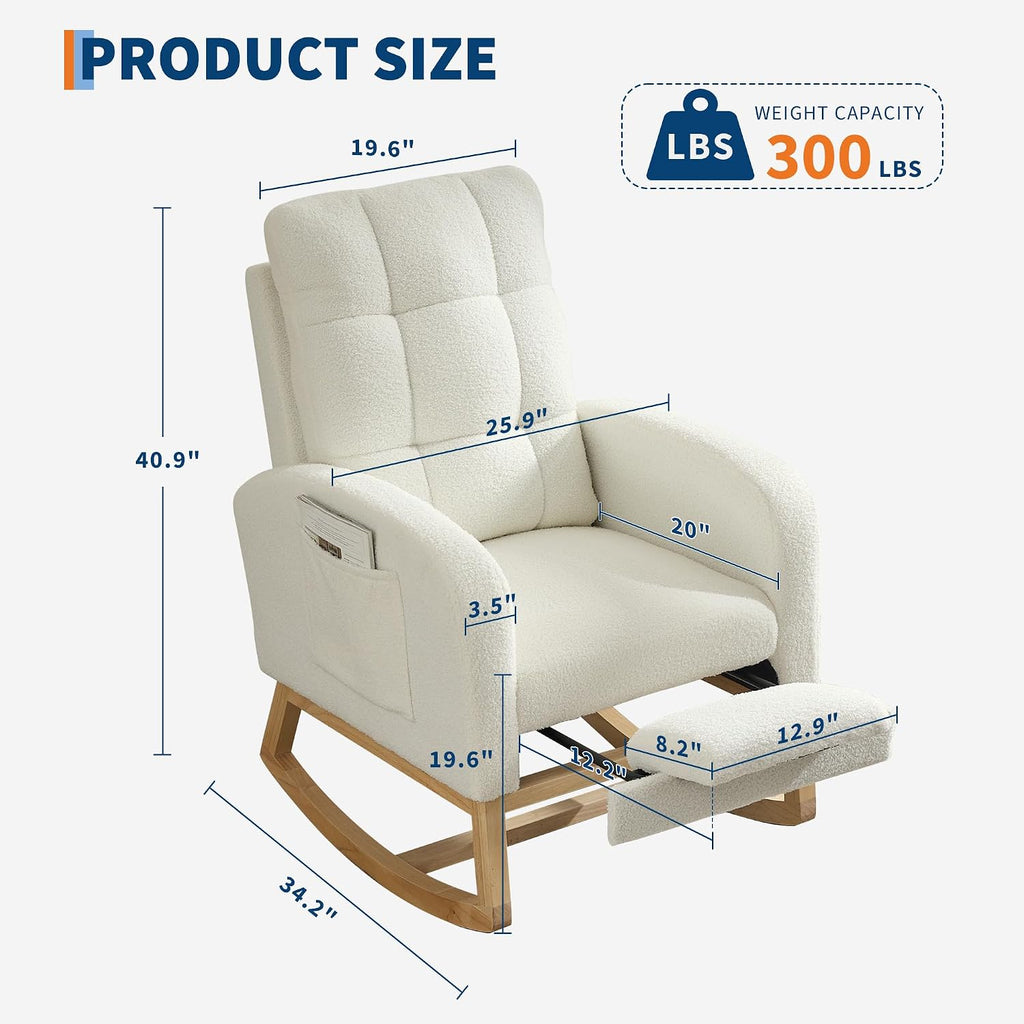 Teddy Upholstered Nursery Rocking Recliner with Footrest, Mid-Century Glider Chair with High Back, Side Pocket & Wood Legs for Bedroom, Living Room or Nursing Room, Teddy Beige