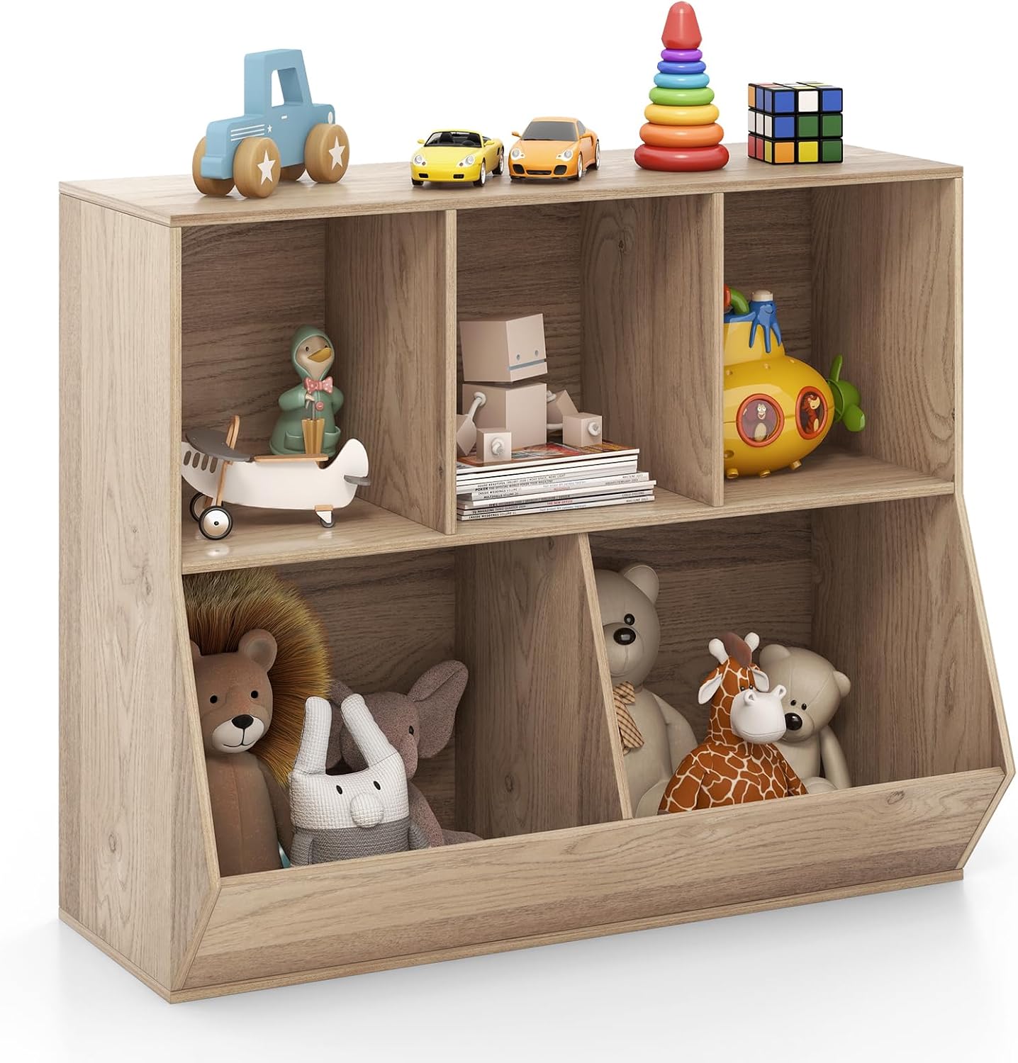 HONEY JOY Toy Storage Organizer with Bookcase, 5-Cubby Children Bookshelf Toy Storage Cabinet, Open Kids Toy Storage Shelf Book Display Rack for Playroom, Bedroom, Kindergarten, Nursery, School