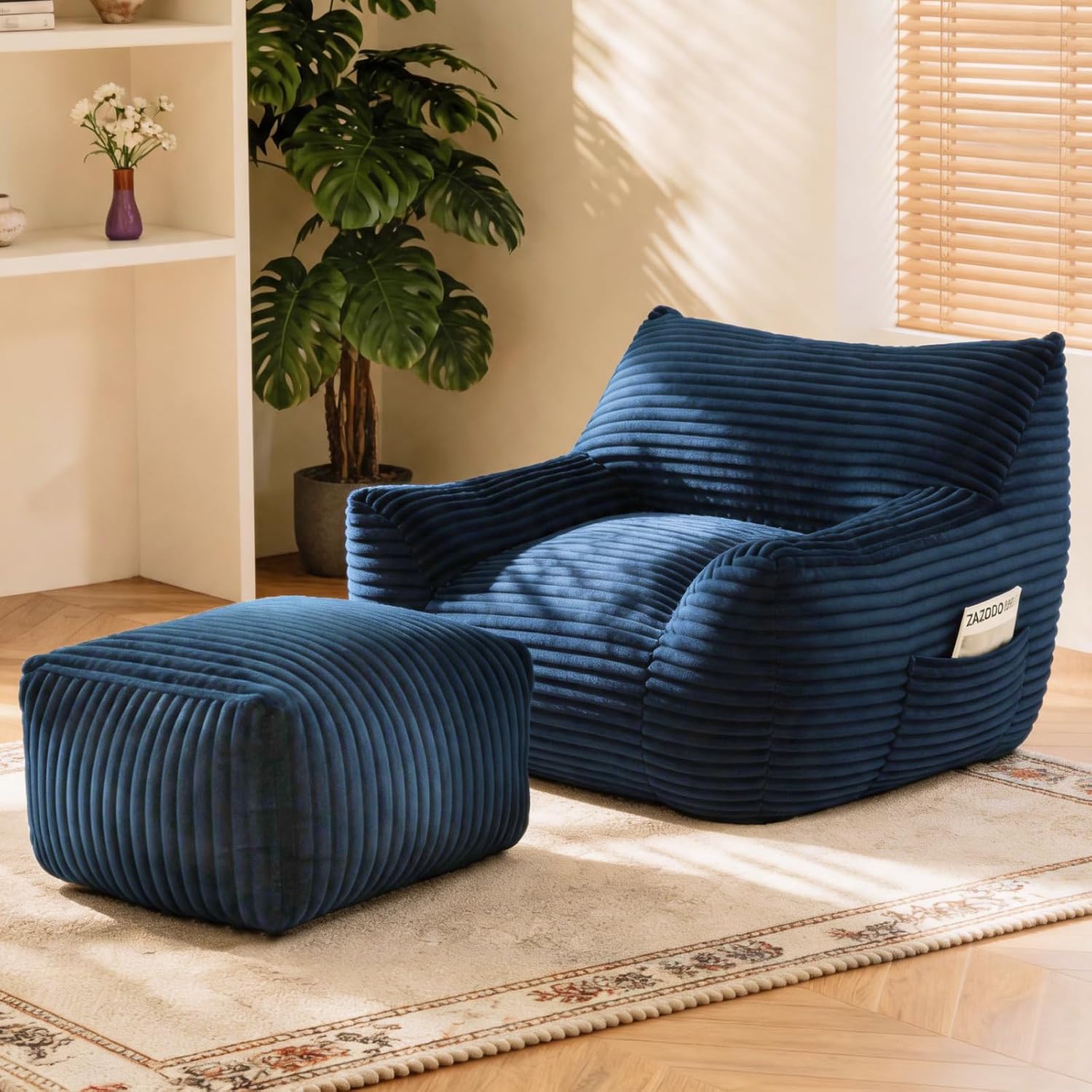 Oversized Bean Bag Chair with Ottoman, Bean Bag Couch with 2 Side Pockets, Corduroy Boneless Couch Chair in a Box, Comfy Lounge Chair for Living Room, Bedroom, Dorm, Blue