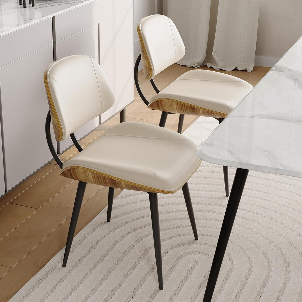 Mid Century Modern Dining Chairs Set of 4, PU Leather Armless Kitchen Chairs with Walnut Bentwood Back & Metal Legs, Sturdy Retro Accent Chairs for Dining Room, Living Room, Beige