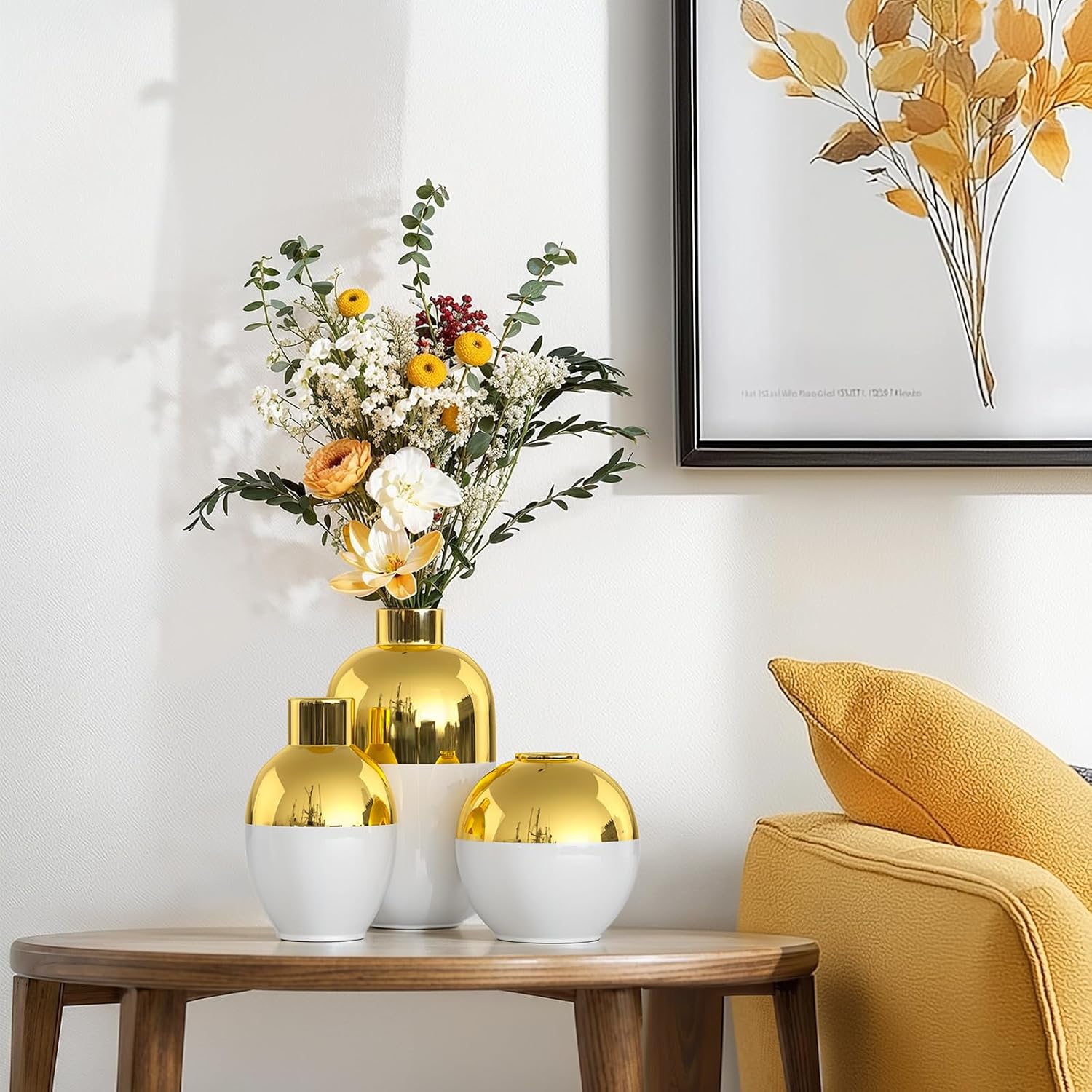 White and Gold Ceramic Flower Vase Set of 3,Glossy Gold Modern Round Decorative Vases for Pampas Grass Home Decor,Bedroom,Office,Living Room,Bookshelf,Wedding,Bathroom Table Centerpiece (White)