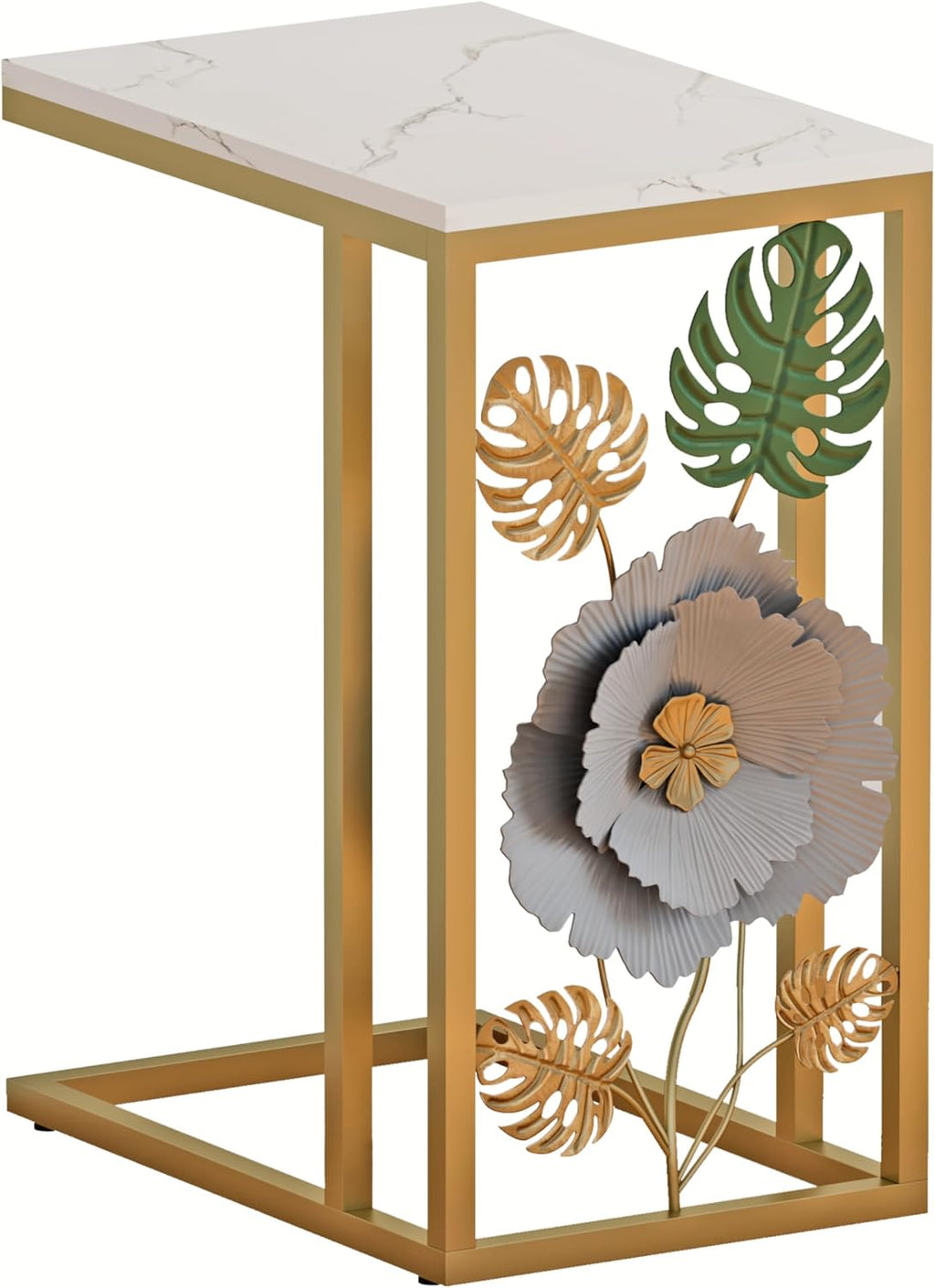 Antique C-Shape End Table with Faux Marble Top and Metal Flower Design, Narrow Gold Couch Side Table for Drink and Snack, Bedside Table, Laptop Table for Living Room, Bedroom