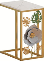 Antique C-Shape End Table with Faux Marble Top and Metal Flower Design, Narrow Gold Couch Side Table for Drink and Snack, Bedside Table, Laptop Table for Living Room, Bedroom