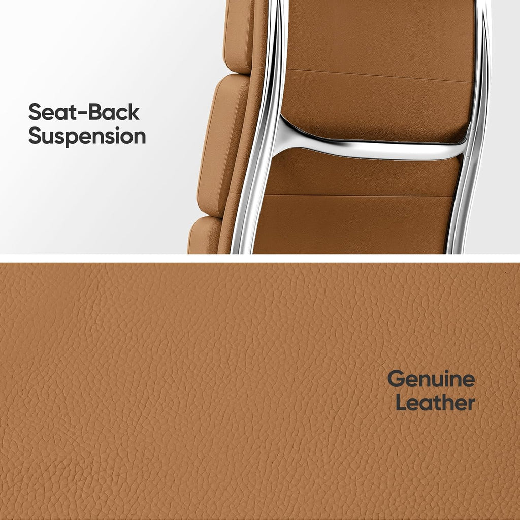 Genuine Leather Office Chair, Padded Executive Desk Chair with Arms, Wheels, Lumbar Support, Aluminum Base (Light Brown, High-Back)