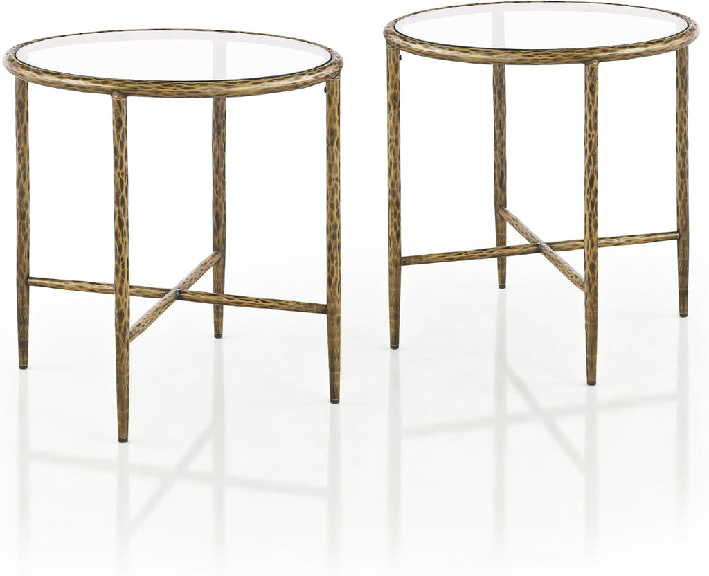 24/7 Shop at Home Lalia Modern Metal 22-inch Round End Tables Set of 2 with Tempered Glass Top, Forged Steel Base for Living Room, Matte Gold