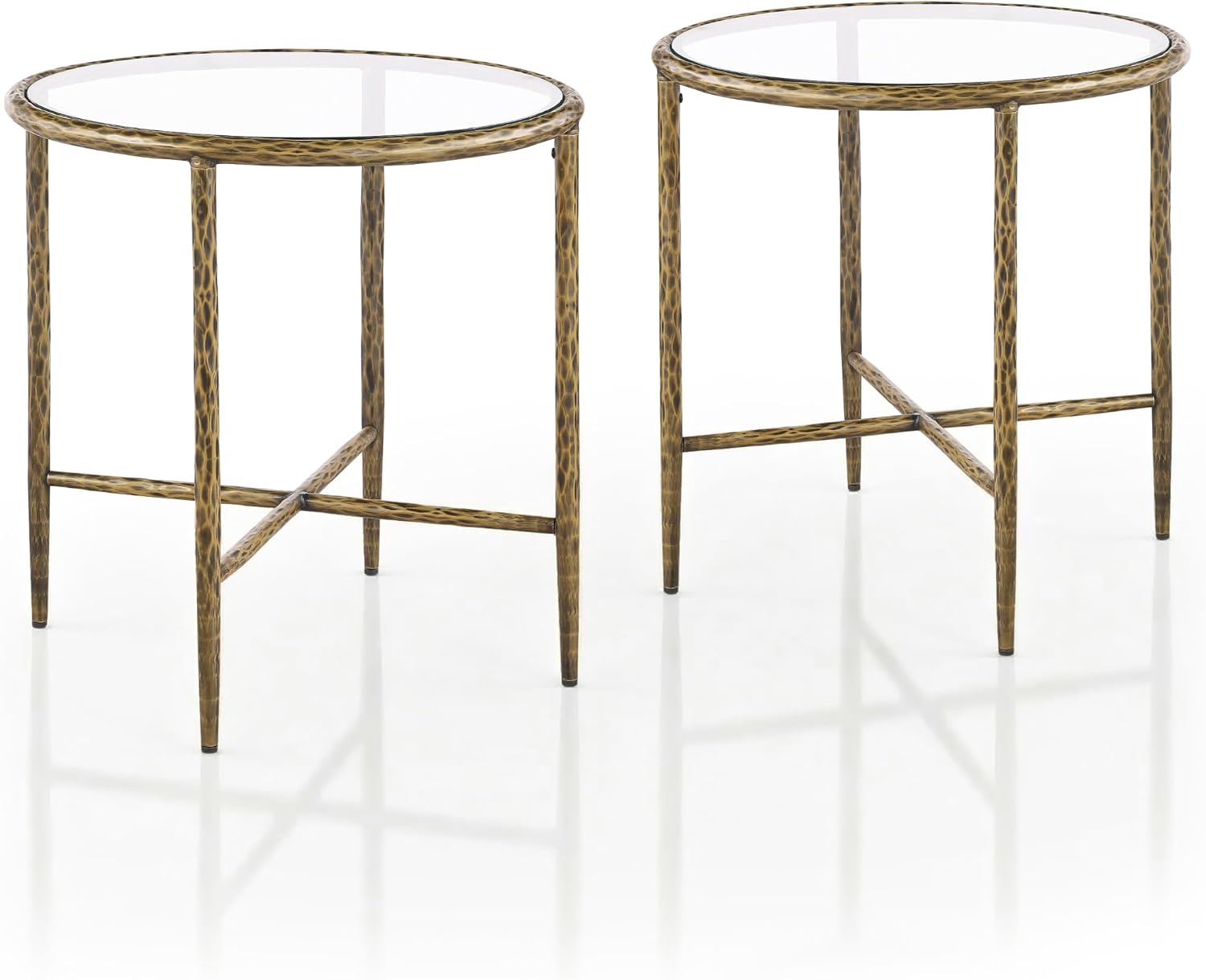 24/7 Shop at Home Lalia Modern Metal 22-inch Round End Tables Set of 2 with Tempered Glass Top, Forged Steel Base for Living Room, Matte Gold